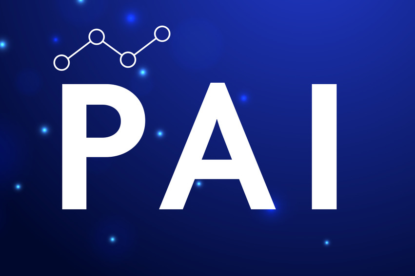 The word 'PAI' in large white letters against a dark blue background with glowing blue dots. Above the text is a simple line with four connected circles, suggesting a flowchart or process.