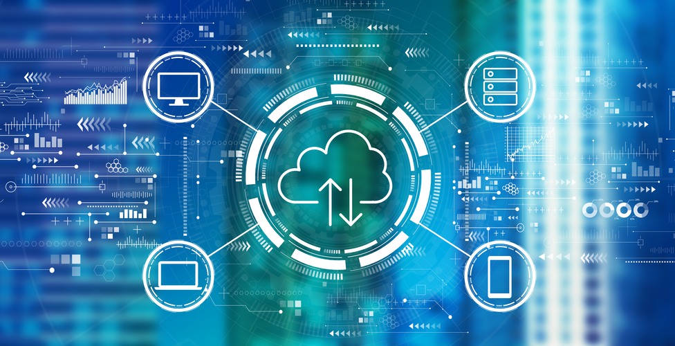 Cloud computing with downtown skyline buildings in the night
