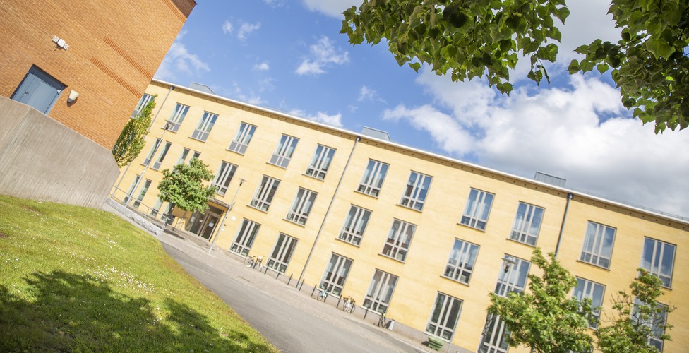 G-huset en solig dag med gröna blad i förgrunden