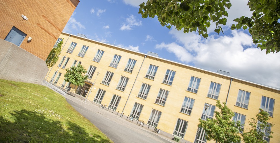 G-huset en solig dag med gröna blad i förgrunden