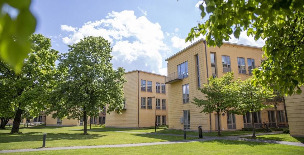 Campus en försommardag, G-huset i bakgrunden