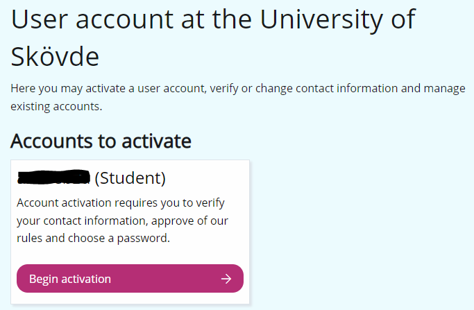 Start page for konto.his.se where account activation may be initiated.