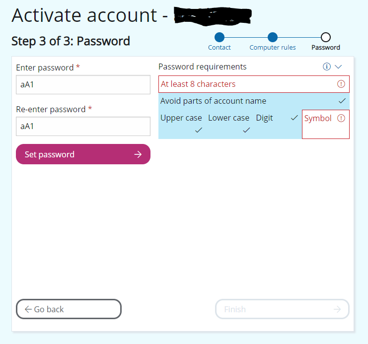 Picture of the form for choosing a password (text fields for entering and re-entering the password, button “Set password” and password requirements).