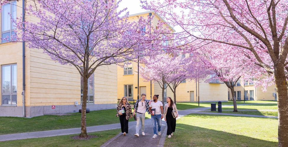 Glada studenter på campus