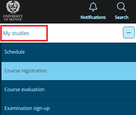 Studentportalen’s menu with a link to My studies highlighted.