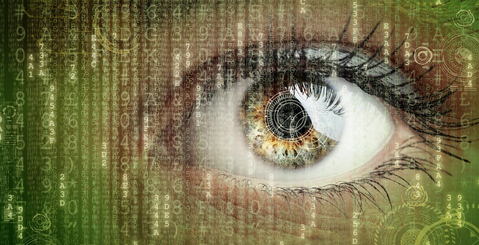 Womans eye with futuristic digital data concept for technology, virtual reality headset, biometric retina scan, surveillance or computer hacker security