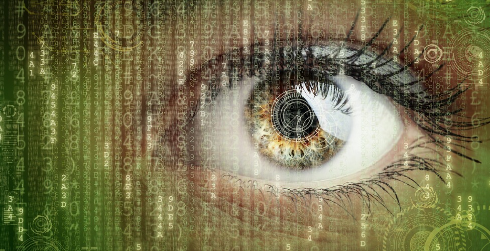 Womans eye with futuristic digital data concept for technology, virtual reality headset, biometric retina scan, surveillance or computer hacker security
