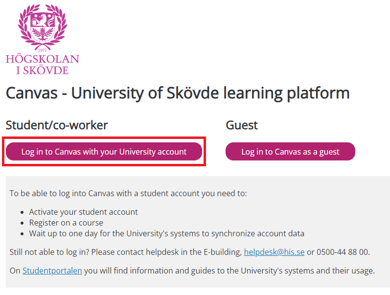 Login page for Canvas