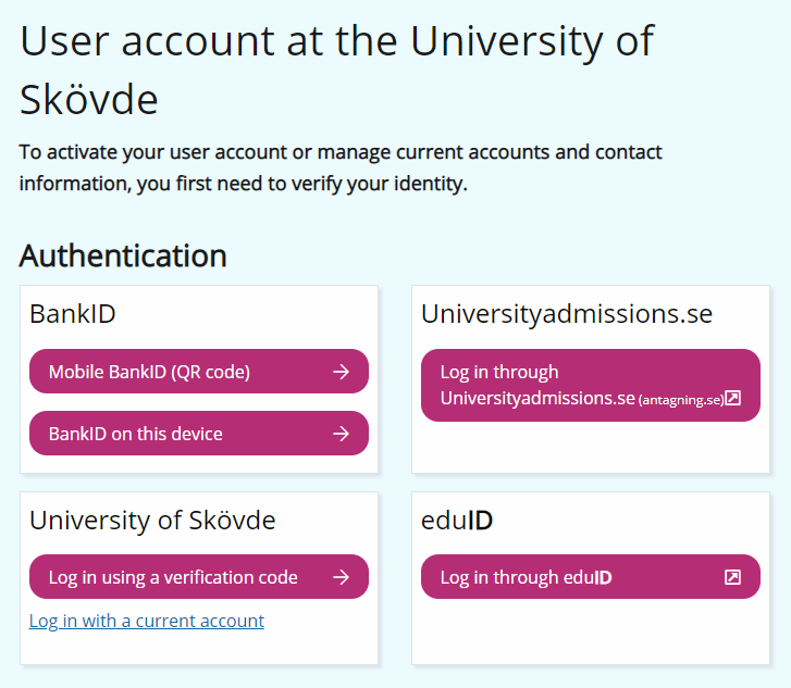 Login page for konto.his.se. Buttons to choose authentication method (BankID, Universityadmissions.se, verification code or eduID).