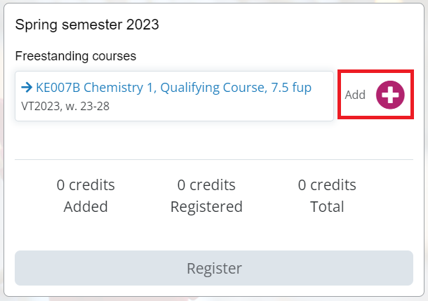An example of the course registration service, with the button to add a course highlighted.