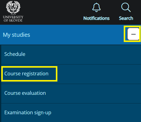 Studentportalen’s menu with the link to course registration highlighted.