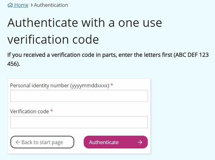 Authenticate with a one-use verification code, picture displaying a form for entering personal identity number and verification code.