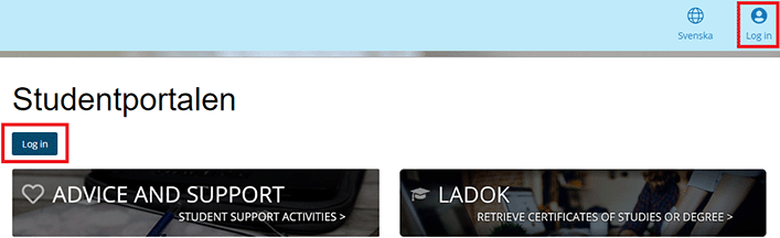 Studentportalen’s start page with login buttons highlighted.