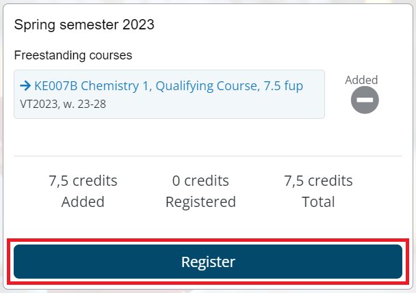 An example of having added a course for registration and where to click to confirm.